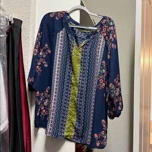 West Kei Navy and Green Geometric Blouse